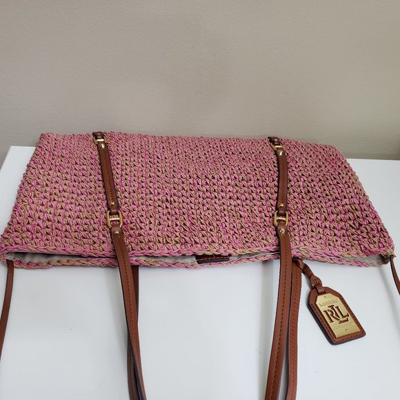 ***FREE HAT****POLO Ralph Lauren Large Pink/Tan Raffia bag Tote - Picture 7 of 14